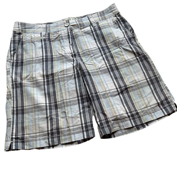 Van Heusen plaid cotton shorts Size 10 blue, white and green 5 pockets - Picture 1 of 8